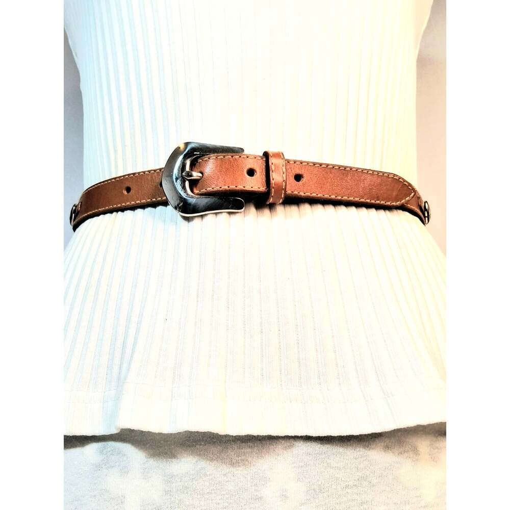 Fossil Womens Tan Genuine Leather Embellished Silver Tone Heart Stud Belt Small
